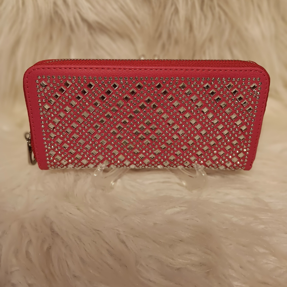 Chic Fushsia Rhinestone Design Accordion Wallet with Silver Zipper